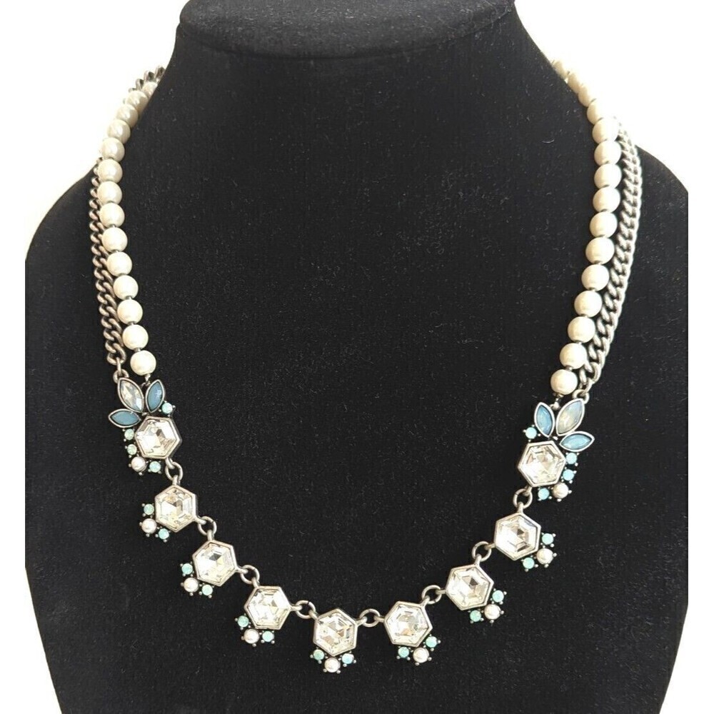 LOFT‎ Necklace Art Deco Hexagon Womens 22" Inches Faux Pearls Silver Sparkle